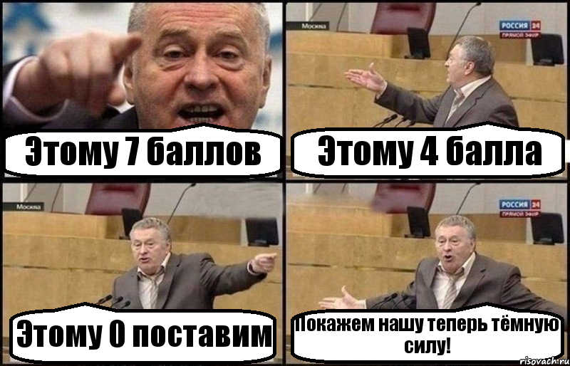 Этому 7 баллов Этому 4 балла Этому 0 поставим Покажем нашу теперь тёмную силу!, Комикс Жириновский
