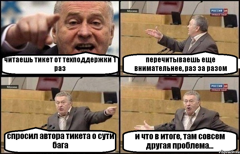 читаешь тикет от техподдержки 1 раз перечитываешь еще внимательнее, раз за разом спросил автора тикета о сути бага и что в итоге, там совсем другая проблема...