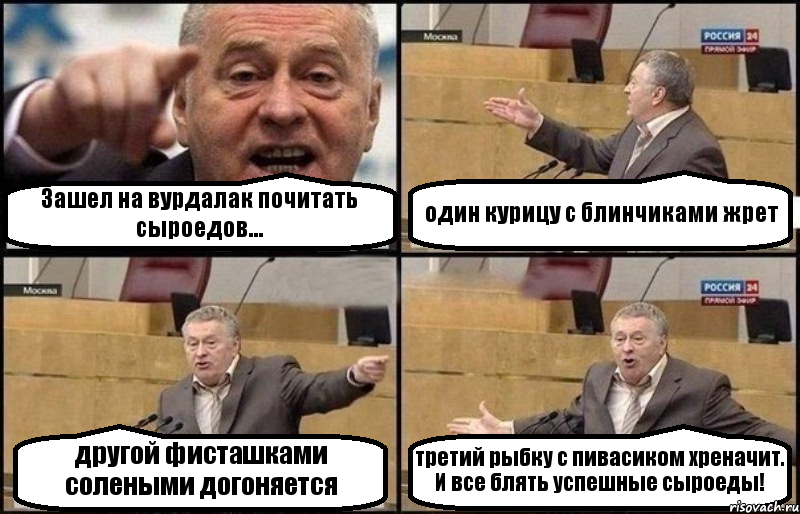 Зашел на вурдалак почитать сыроедов... один курицу с блинчиками жрет другой фисташками солеными догоняется третий рыбку с пивасиком хреначит. И все блять успешные сыроеды!, Комикс Жириновский