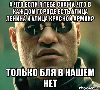 А ЧТО ЕСЛИ Я ТЕБЕ СКАЖУ, ЧТО В КАЖДОМ ГОРОДЕ ЕСТЬ УЛИЦА ЛЕНИНА И УЛИЦА КРАСНОЙ АРМИИ? ТОЛЬКО БЛЯ В НАШЕМ НЕТ, Мем  а что если я скажу тебе