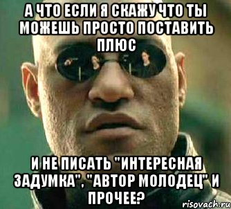 а что если я скажу что ты можешь просто поставить плюс и не писать "интересная задумка", "автор молодец" и прочее?, Мем  а что если я скажу тебе