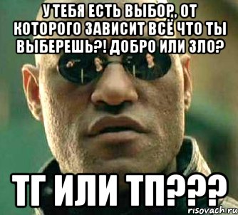 У тебя есть выбор, от которого зависит всё что ты выберешь?! Добро или зло? ТГ или ТП???, Мем  а что если я скажу тебе