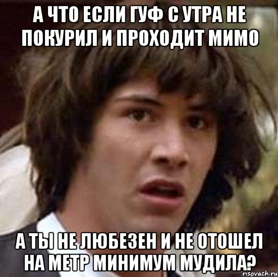 А что если гуф с утра не покурил и проходит мимо а ты не любезен и не отошел на метр минимум мудила?, Мем А что если (Киану Ривз)