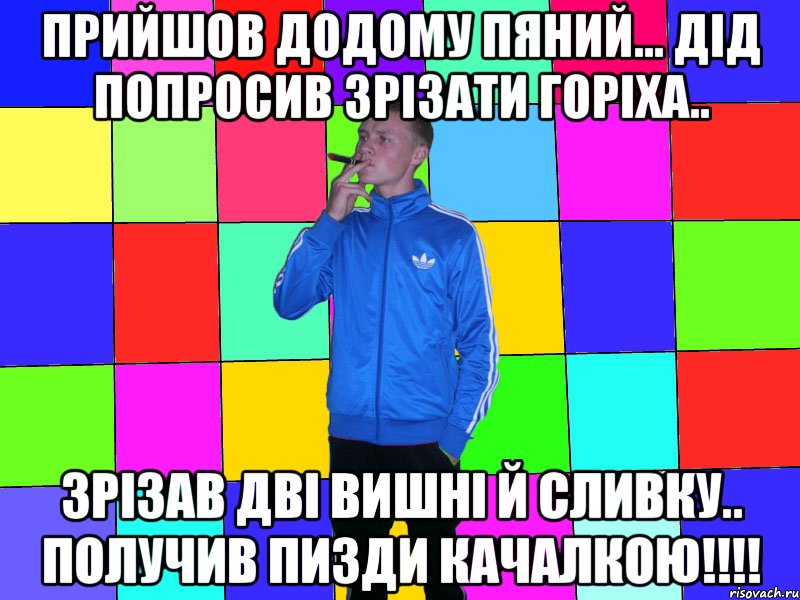 Прийшов додому пяний... дід попросив зрізати горіха.. Зрізав дві вишні й сливку.. Получив пизди качалкою!!!!