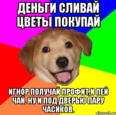 Деньги сливай Цветы покупай Игнор получай Профит,и пей чай. Ну и под дверью пару часиков., Мем Advice Dog