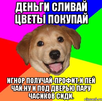 Деньги сливай Цветы покупай Игнор получай-профит,и пей чай.Ну и под дверью пару часиков сиди., Мем Advice Dog