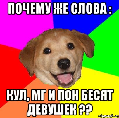 Почему же слова : Кул, мг и пон бесят девушек ??, Мем Advice Dog