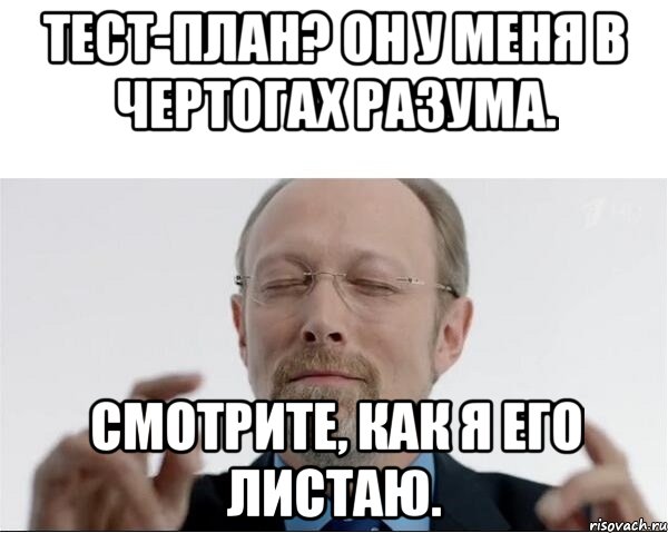 Тест-план? Он у меня в чертогах разума. Смотрите, как я его листаю., Мем  чертоги разума