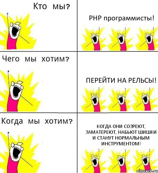 PHP программисты! Перейти на рельсы! Когда они созреют, заматереют, набьют шишки и станут нормальным инструментом!, Комикс Что мы хотим