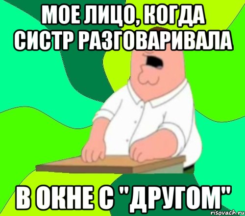 мое лицо, когда систр разговаривала в окне с "другом", Мем  Да всем насрать (Гриффин)