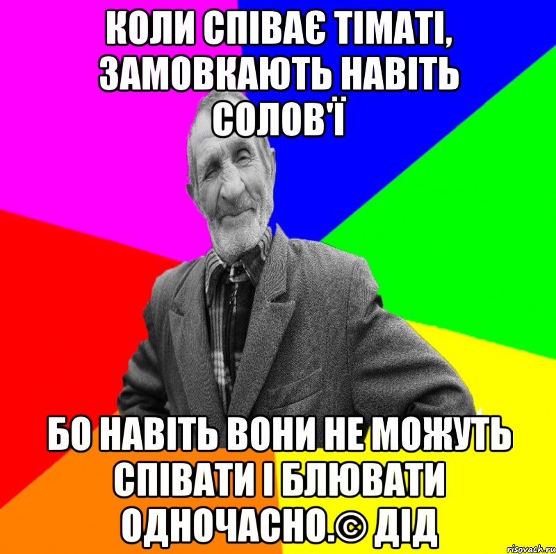 Коли співає Тіматі, замовкають навіть солов'ї бо навіть вони не можуть співати і блювати одночасно.© Дід, Мем ДЕД