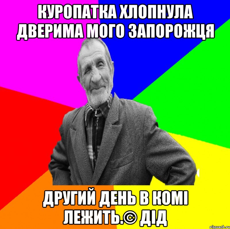 куропатка хлопнула дверима мого запорожця другий день в комі лежить.© Дід, Мем ДЕД