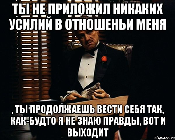 ты не приложил никаких усилий в отношеньи меня , ты продолжаешь вести себя так, как-будто я не знаю правды, вот и выходит, Мем Дон Вито Корлеоне