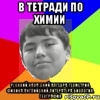 В тетради по химии Русккий,Казахский,Алгебра,Геометрия, Физика,Английский,Литература,Биология, География