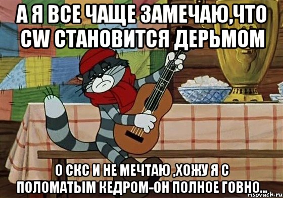 а я все чаще замечаю,что CW становится дерьмом о СКС и не мечтаю ,хожу я с поломатым кедром-он полное говно..., Мем Грустный Матроскин с гитарой