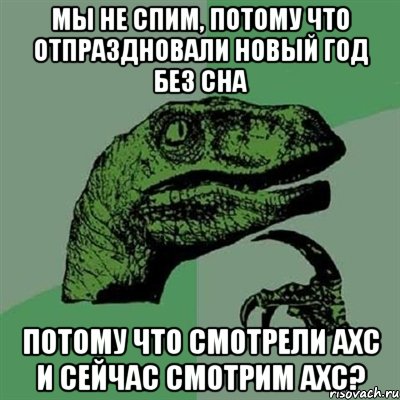 МЫ НЕ СПИМ, ПОТОМУ ЧТО ОТПРАЗДНОВАЛИ НОВЫЙ ГОД БЕЗ СНА ПОТОМУ ЧТО СМОТРЕЛИ АХС И СЕЙЧАС СМОТРИМ АХС?, Мем Филосораптор