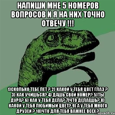 Напиши мне 5 номеров вопросов и я на них точно отвечу !!! 1)сколько тебе лет ? 2) какой у тебя цвет глаз ? 3) Как учишься? 4) Дашь свой номер? 5)ты дура? 6) Как у тебя дела? 7)Что делаешь? 8) Какой у тебя любимый цвет? 9) А у тебя много друзей ? 10)Что для тебя важнее всех ?, Мем Филосораптор