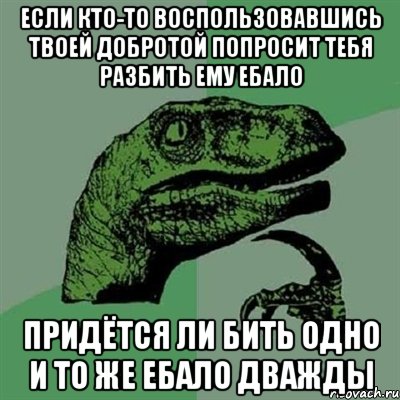 Если кто-то воспользовавшись твоей добротой попросит тебя разбить ему ебало Придётся ли бить одно и то же ебало дважды, Мем Филосораптор