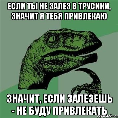 если ты не залез в трусики, значит я тебя привлекаю значит, если залезешь - не буду привлекать, Мем Филосораптор