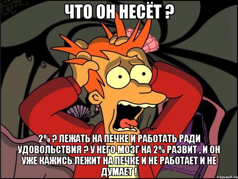 Что он несёт ? 2% ? лежать на печке и работать ради удовольствия ? у него мозг на 2% развит , и он уже кажись лежит на печке и не работает и не думает !, Мем Фрай в панике