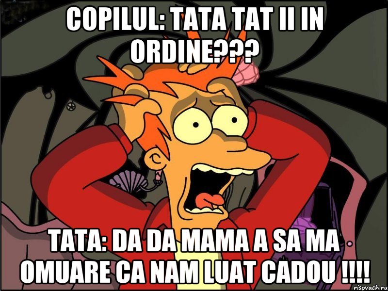 COPILUL: TATA TAT II IN ORDINE??? TATA: DA DA MAMA A SA MA OMUARE CA NAM LUAT CADOU !!!!, Мем Фрай в панике