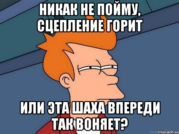 Никак не пойму, сцепление горит Или эта шаха впереди так воняет?, Мем  Фрай (мне кажется или)