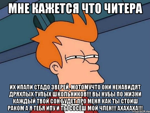 Мне кажется что Читера их ипали стадо зверей, мотомучто они ненавидят дряхлых тупых школьников!!! Вы нубы по жизни каждый твой сон будет про меня как ты стоиш раком а я тебя ипу и ты сосёш мой член!!! ахахаха!!!, Мем  Фрай (мне кажется или)