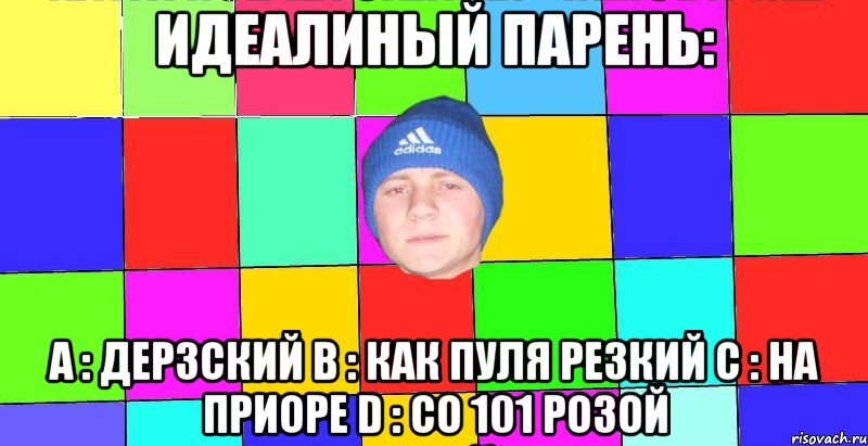 Идеалиный парень: А : Дерзский В : как пуля резкий С : на приоре D : со 101 розой