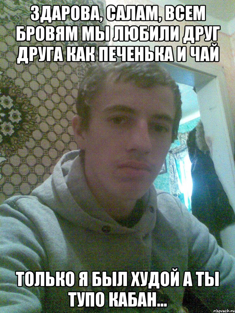 Здарова, салам, всем бровям Мы любили друг друга как печенька и чай Только я был худой а ты тупо кабан..., Мем Иван Порка