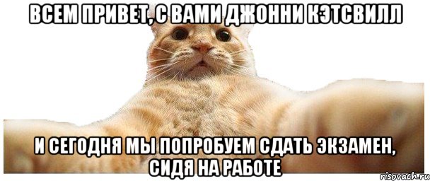 ВСЕМ ПРИВЕТ, С ВАМИ ДЖОННИ КЭТСВИЛЛ И СЕГОДНЯ МЫ ПОПРОБУЕМ СДАТЬ ЭКЗАМЕН, СИДЯ НА РАБОТЕ, Мем   Кэтсвилл