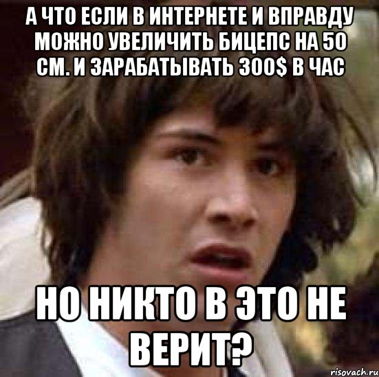 а что если в интернете и вправду можно увеличить бицепс на 50 см. и зарабатывать 300$ в час но никто в это не верит?, Мем А что если (Киану Ривз)