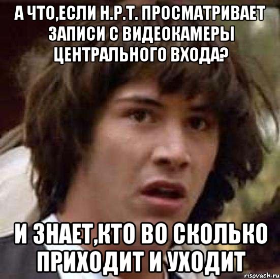 А что,если Н.Р.Т. просматривает записи с видеокамеры центрального входа? И знает,кто во сколько приходит и уходит, Мем А что если (Киану Ривз)