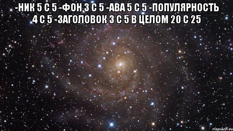 -ник 5 с 5 -фон 3 с 5 -ава 5 с 5 -популярность 4 с 5 -заголовок 3 с 5 В ЦЕЛОМ 20 С 25 , Мем  Космос (офигенно)