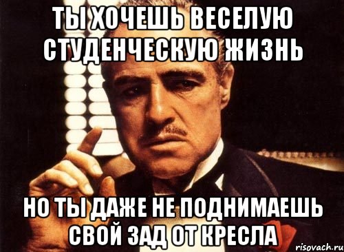 ты хочешь веселую студенческую жизнь но ты даже не поднимаешь свой зад от кресла, Мем крестный отец