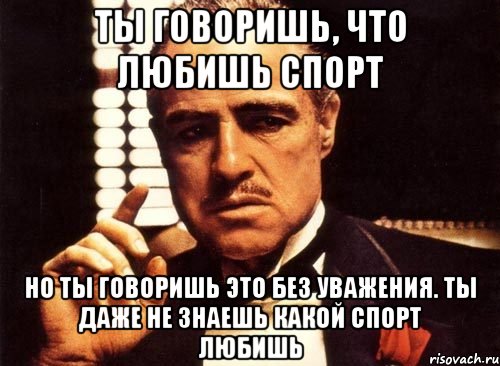 ТЫ ГОВОРИШЬ, ЧТО ЛЮБИШЬ СПОРТ НО ТЫ ГОВОРИШЬ ЭТО БЕЗ УВАЖЕНИЯ. ТЫ ДАЖЕ НЕ ЗНАЕШЬ КАКОЙ СПОРТ ЛЮБИШЬ, Мем крестный отец