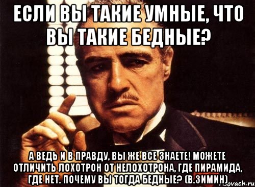 Если вы такие умные, что вы такие бедные? А ведь и в правду, вы же все знаете! Можете отличить лохотрон от нелохотрона, где пирамида, где нет. Почему вы тогда бедные? (В.Зимин), Мем крестный отец