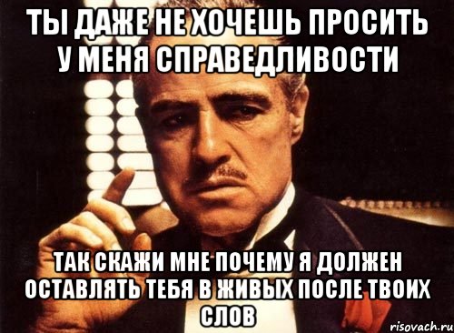 Ты даже не хочешь просить у меня справедливости Так скажи мне почему я должен оставлять тебя в живых после твоих слов, Мем крестный отец