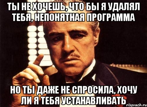 Ты не хочешь, что бы я удалял тебя, непонятная программа Но ты даже не спросила, хочу ли я тебя устанавливать, Мем крестный отец