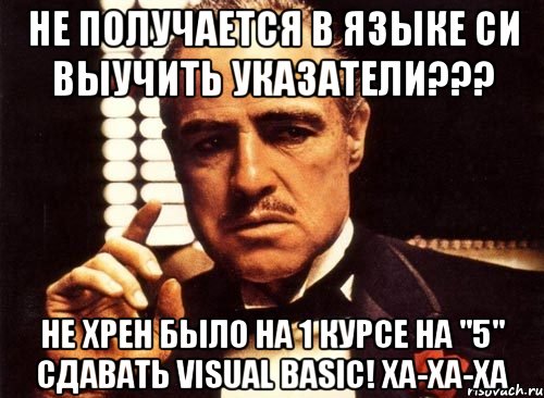 Не получается в языке СИ выучить указатели??? Не хрен было на 1 курсе на "5" сдавать Visual Basic! Ха-ха-ха, Мем крестный отец