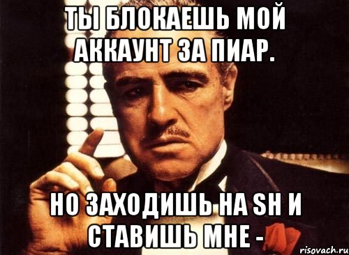 Ты блокаешь мой аккаунт за Пиар. Но заходишь на SH и ставишь мне -, Мем крестный отец