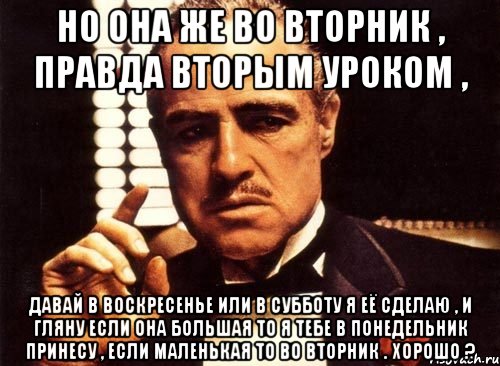 но она же во вторник , правда вторым уроком , давай в воскресенье или в субботу я её сделаю , и гляну если она большая то я тебе в понедельник принесу , если маленькая то во вторник . хорошо ?, Мем крестный отец