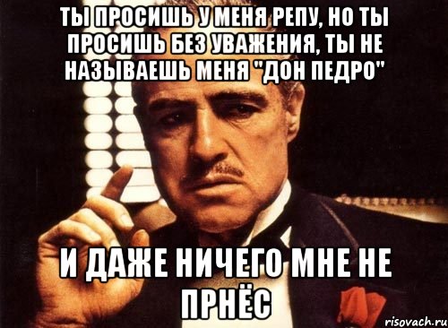 Ты просишь у меня репу, но ты просишь без уважения, ты не называешь меня "Дон Педро" И даже ничего мне не прнёс, Мем крестный отец