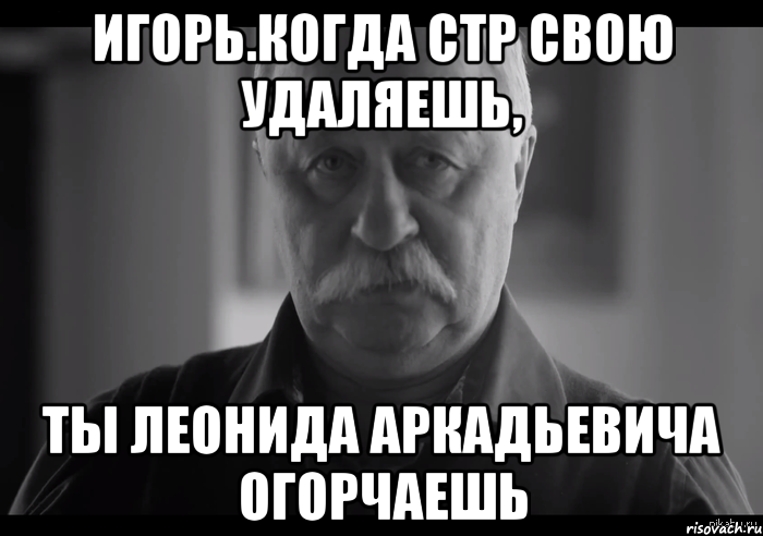 Игорь.Когда стр свою удаляешь, Ты леонида аркадьевича огорчаешь, Мем Не огорчай Леонида Аркадьевича