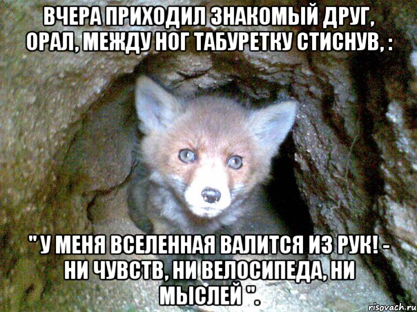 вчера приходил знакомый друг, орал, между ног табуретку стиснув, : " У меня вселенная валится из рук! - ни чувств, ни велосипеда, ни мыслей ".