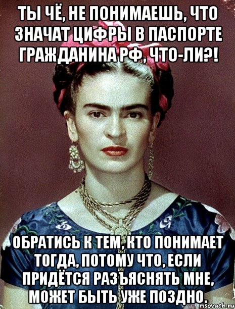 Ты чё, не понимаешь, что значат цифры в паспорте гражданина РФ, что-ли?! Обратись к тем, кто понимает тогда, потому что, если придётся разъяснять мне, может быть уже поздно., Мем Magdalena Carmen Frieda Kahlo Ca