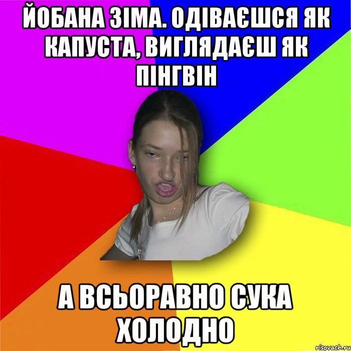 Йобана зіма. одіваєшся як капуста, виглядаєш як пінгвін а всьоравно сука холодно, Мем мала