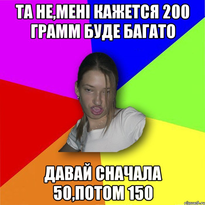 та не,мені кажется 200 грамм буде багато давай сначала 50,потом 150, Мем мала