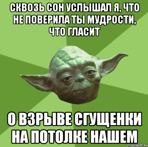 Сквозь сон услышал я, что не поверила ты мудрости, что гласит О взрыве сгущенки на потолке нашем, Мем Мастер Йода