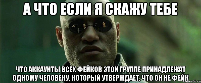 А что если я скажу тебе что аккаунты всех фейков этой группе принадлежат одному человеку, который утверждает, что он не фейк, Мем  морфеус