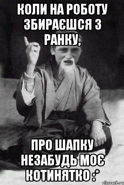 Коли на роботу збираєшся з ранку, про шапку незабудь моє Котинятко :*, Мем Мудрий паца